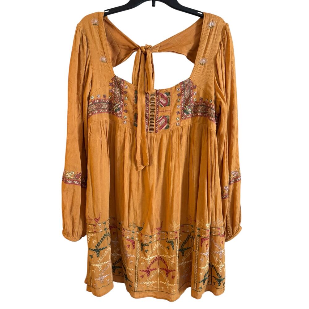 Free People Womens Rhiannon Dress Orange Embroidered Long Sleeve Swing M Boho